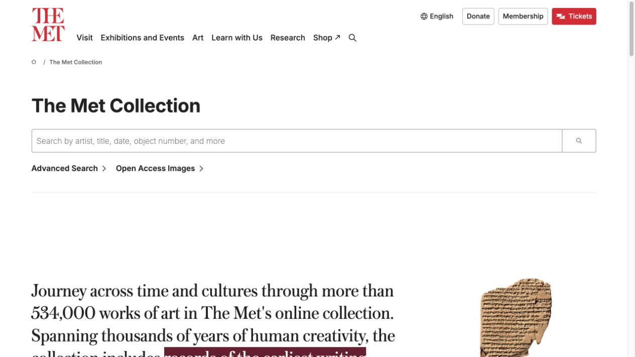 Screenshot of The Met Collection website with its search box and ancient clay tablet.