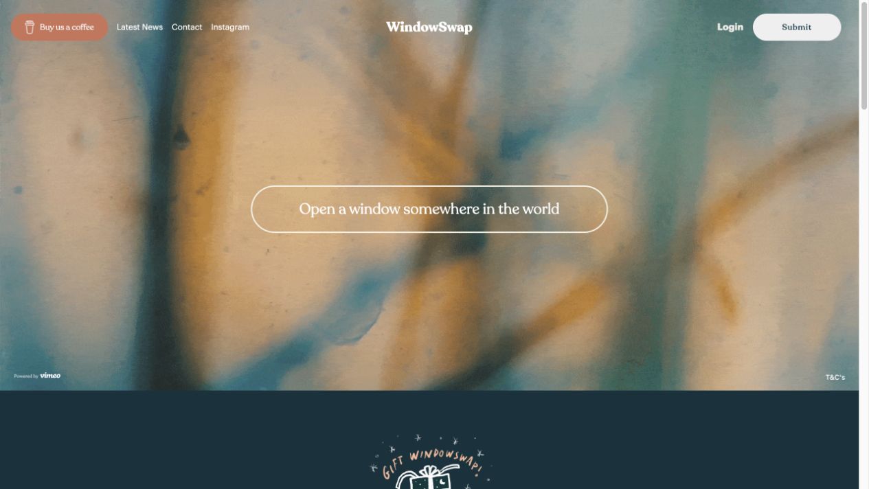 Screenshot of the WindowSwap homepage with its Open a window somewhere in the world button.